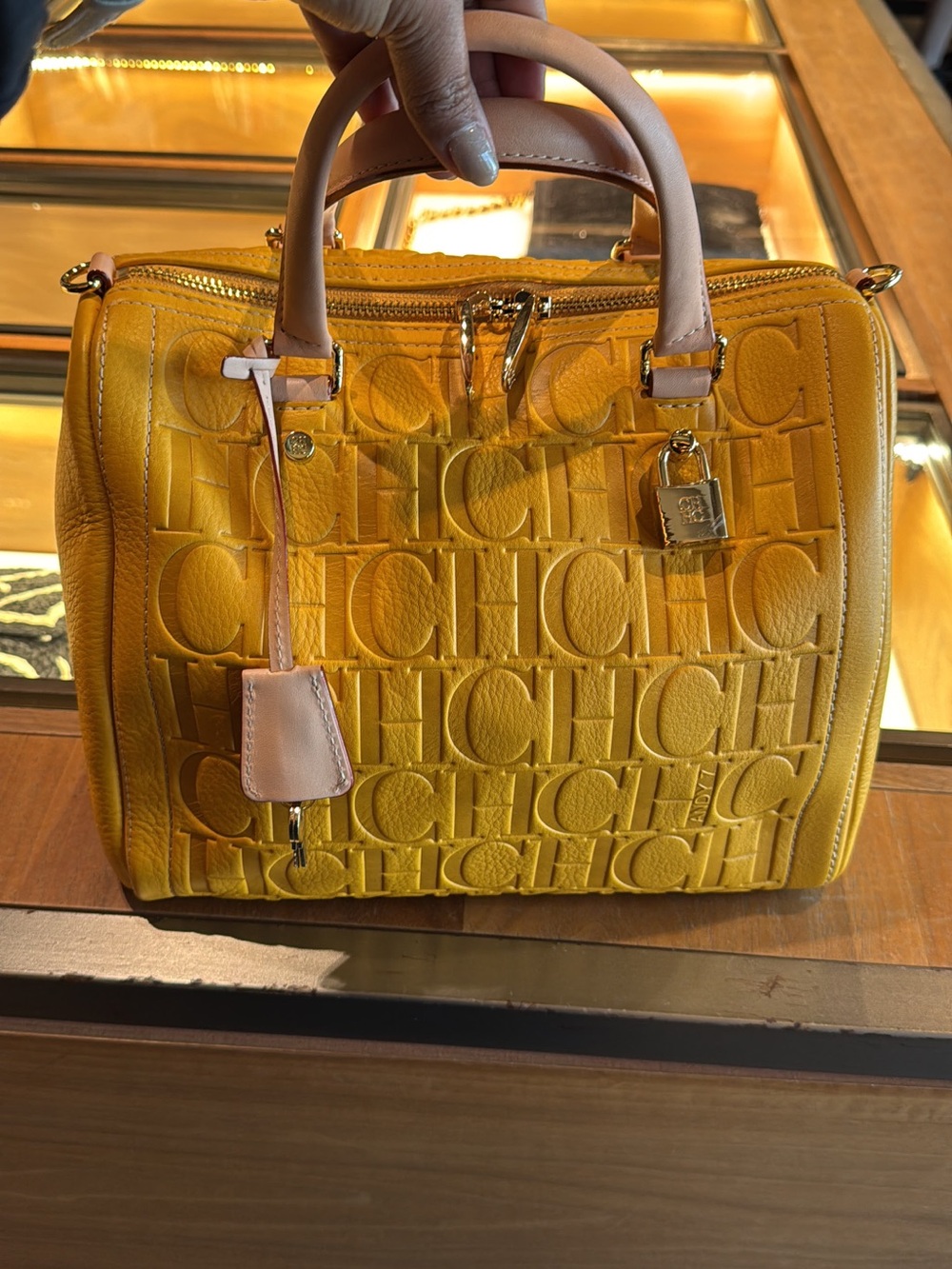Carolina Herrera Yellow Embossed Signature Satchel Andy 7